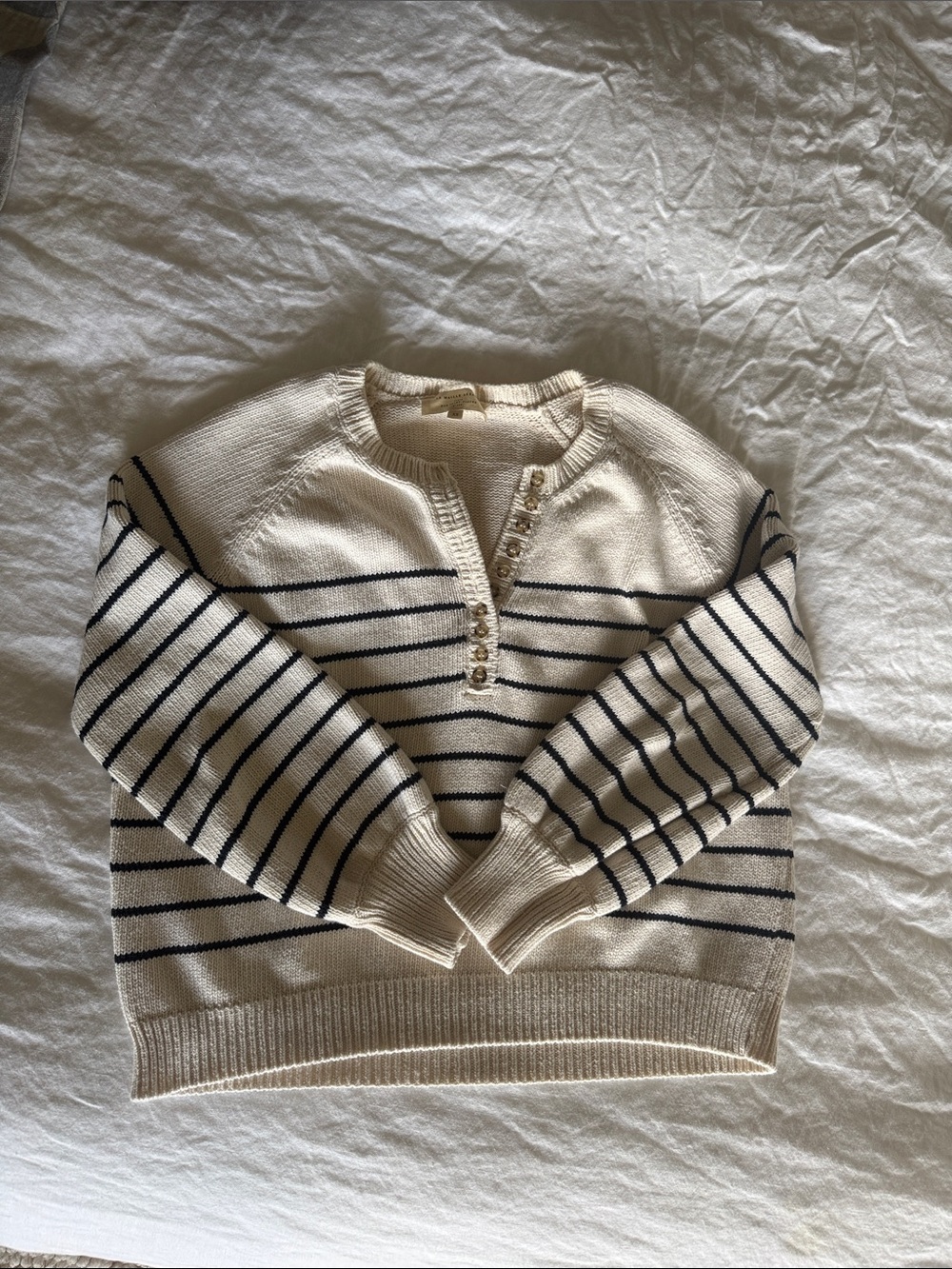 Sezane Cream and Navy Striped Henley Sweater with Buttons